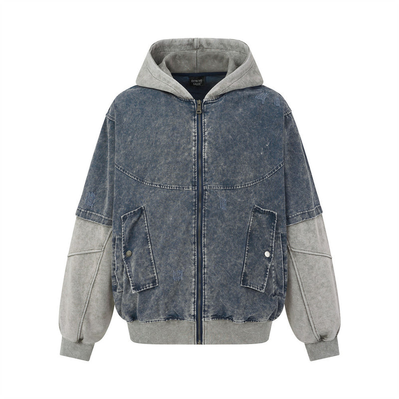 Veste à capuche homme – Bomber en denim délavé bicolore avec effet deux-pièces