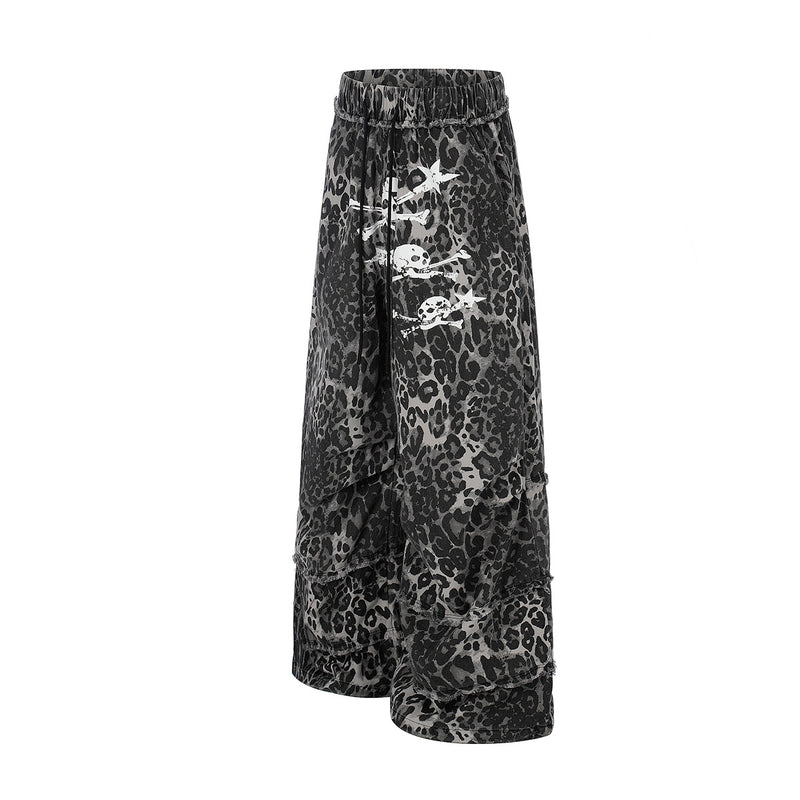 Wide-Leg Leopard Print Pants with Skull & Crossbones Graphic