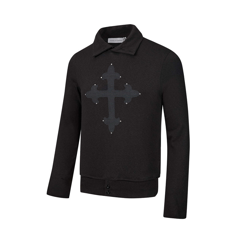 Polo manches longues avec écusson croix clouté – Haut streetwear vintage à ourlet brut