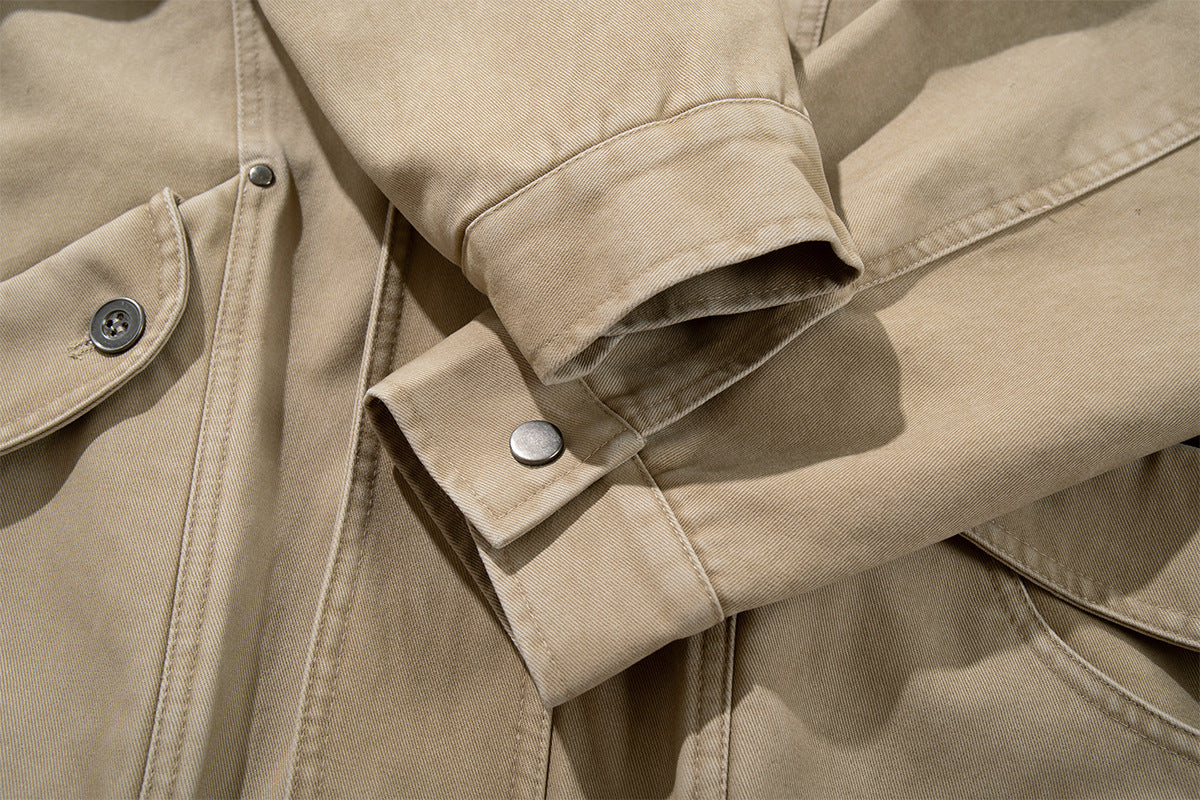 Blouson bomber kaki délavé – Col montant, boutons-pression et poches cargo