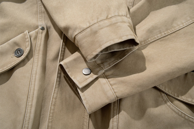Blouson bomber kaki délavé – Col montant, boutons-pression et poches cargo