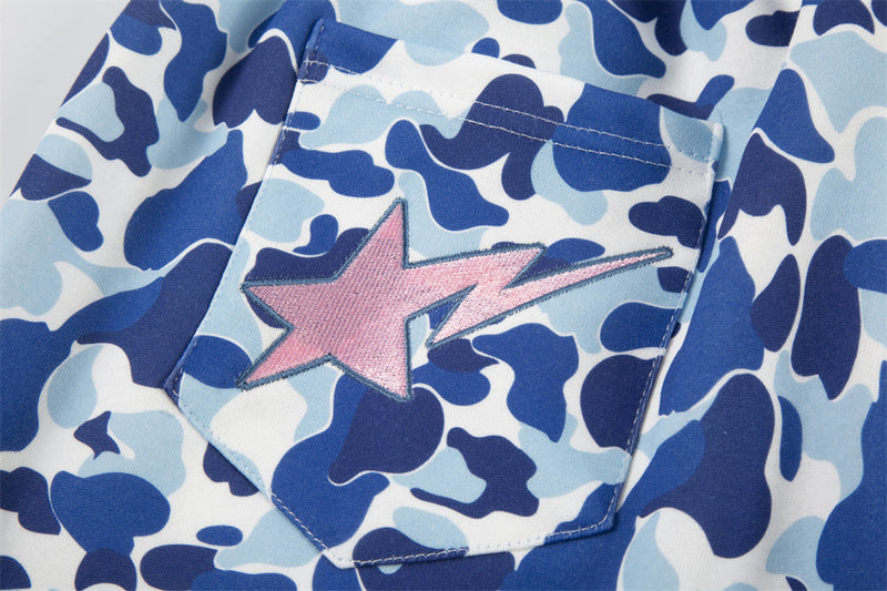 Camo Print Shorts Men Star Embroidery Elastic Waist Streetwear Basketball Shorts
