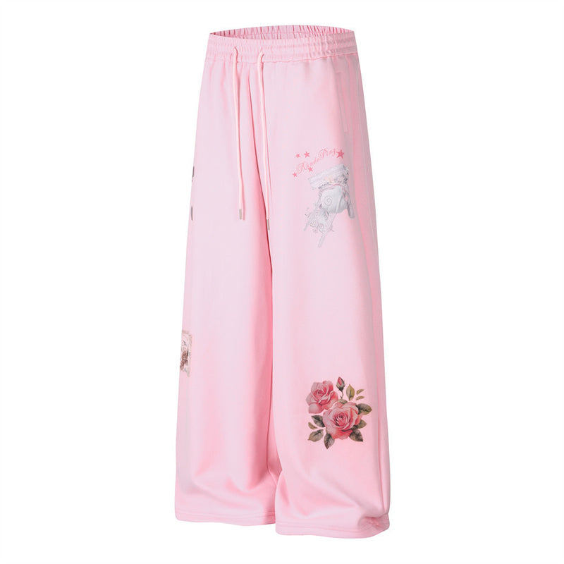 Wide-Leg Sweatpants with 3D Rose & Butterfly Print, Elastic Drawstring Waist