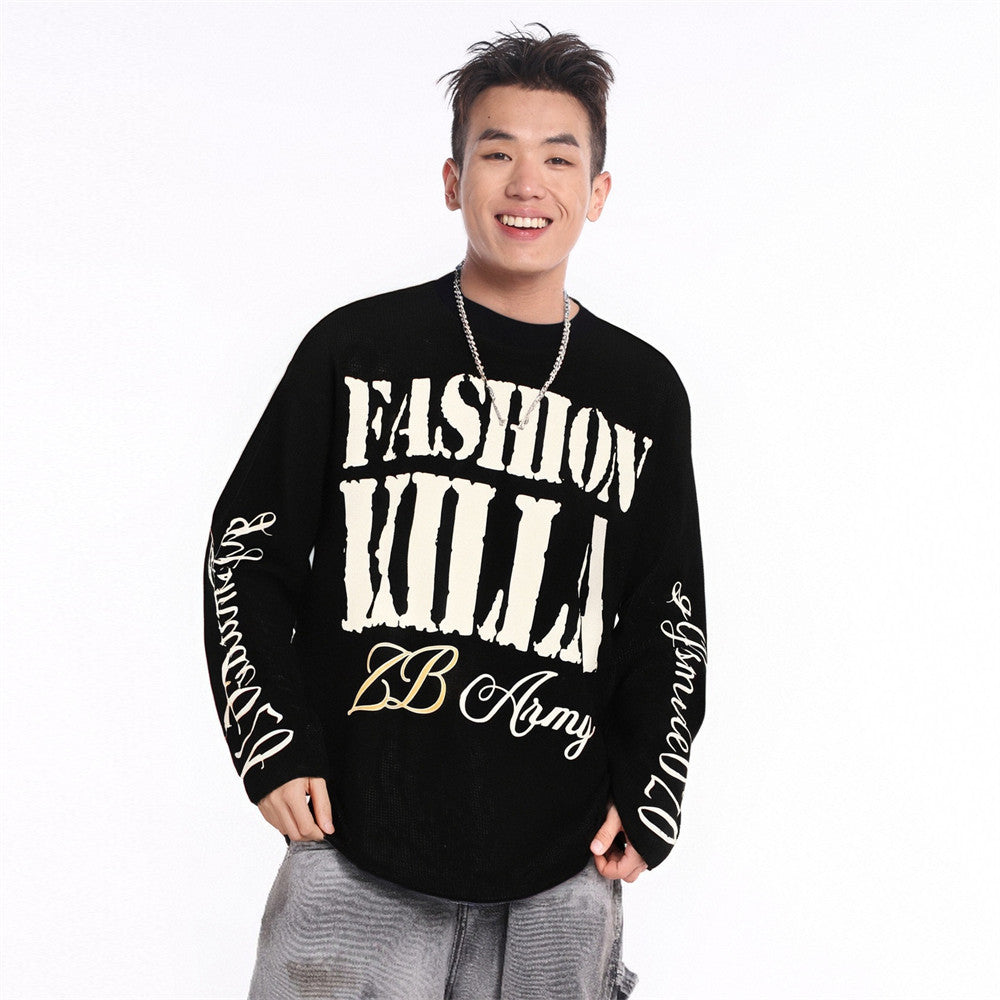 Oversized Fashion Killa ZB Army long sleeve waffle knit graphic tee in black with distressed lettering and sleeve script prin