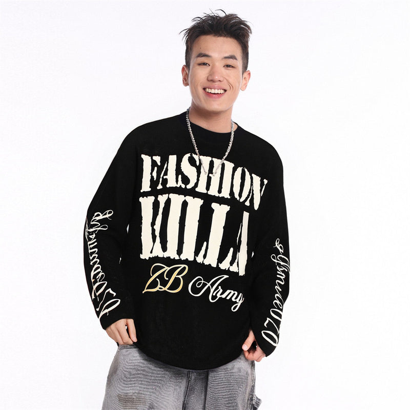 Oversized Fashion Killa ZB Army long sleeve waffle knit graphic tee in black with distressed lettering and sleeve script prin