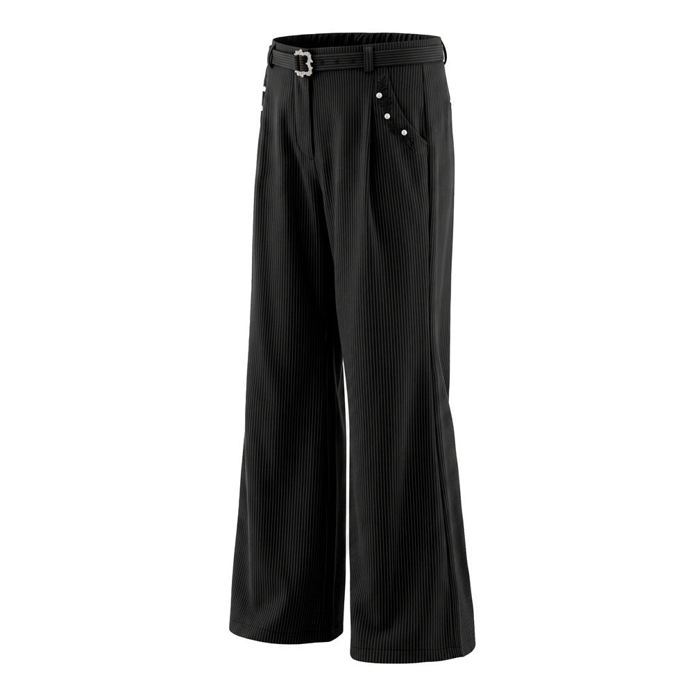 Pantalon ample rayé pour homme avec broderies florales et ceinture