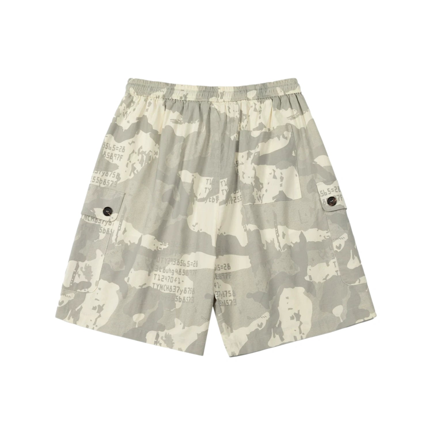 Men's grey and off-white camo cargo shorts with button flap side pockets and elastic waistband, laid flat on white background