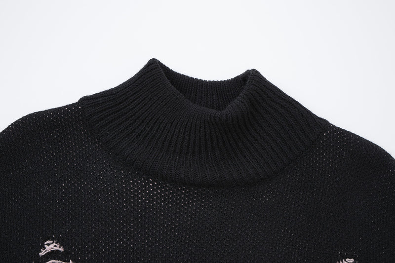 Pull à col montant Cross Heart en maille délavée – Jacquard gothique sombre à franges
