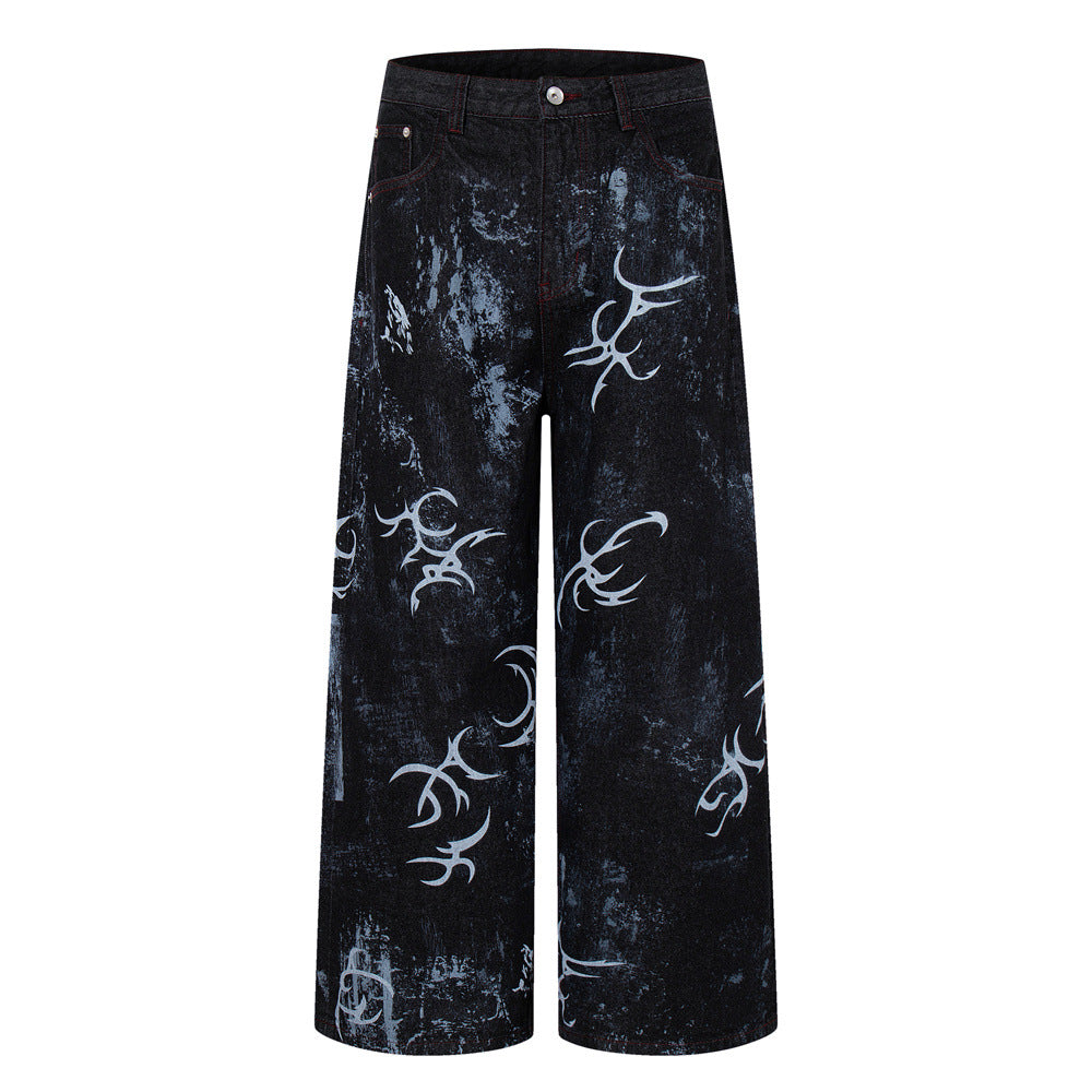 Tribal Print Baggy Jeans – Black Distressed Wide-Leg Denim