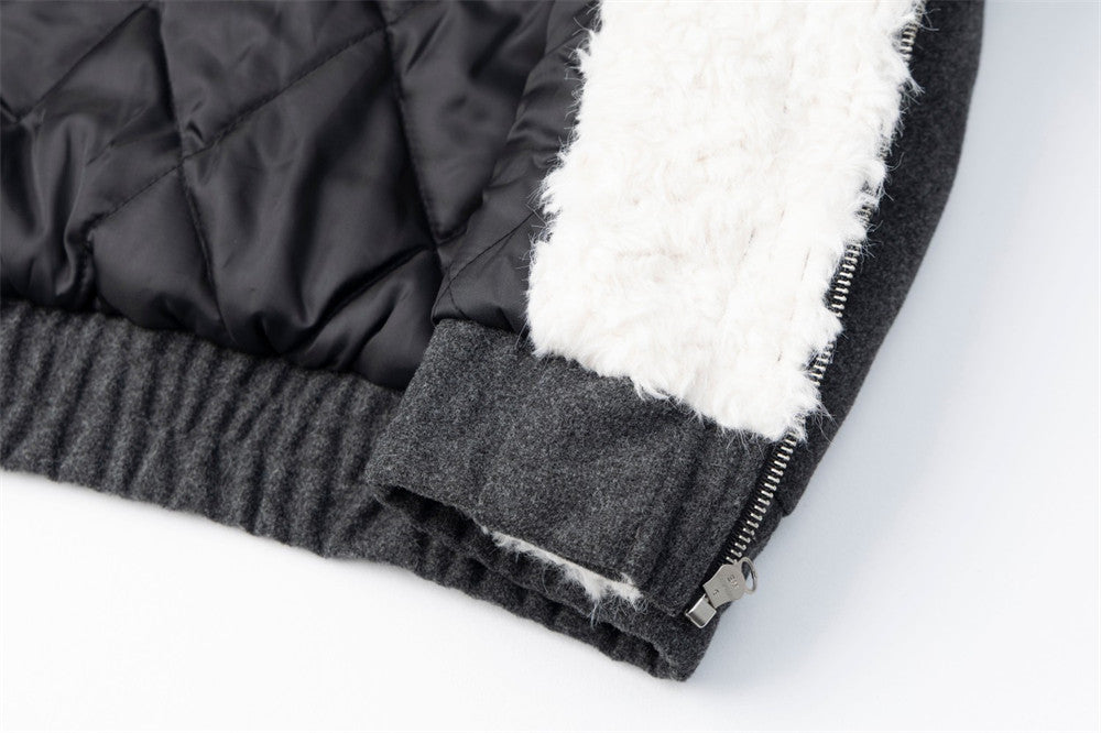 Wool Bomber Jacket Men – Shearling Collar, Metal Clasp Closure, Charcoal