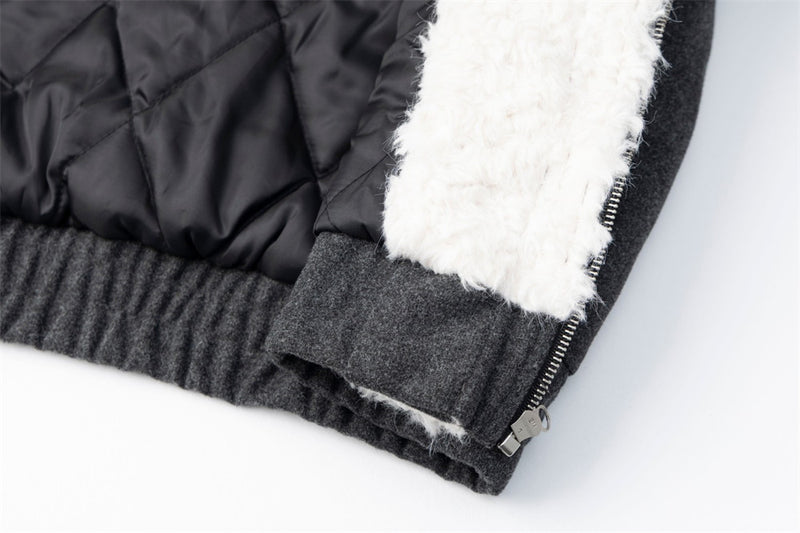 Wool Bomber Jacket Men – Shearling Collar, Metal Clasp Closure, Charcoal