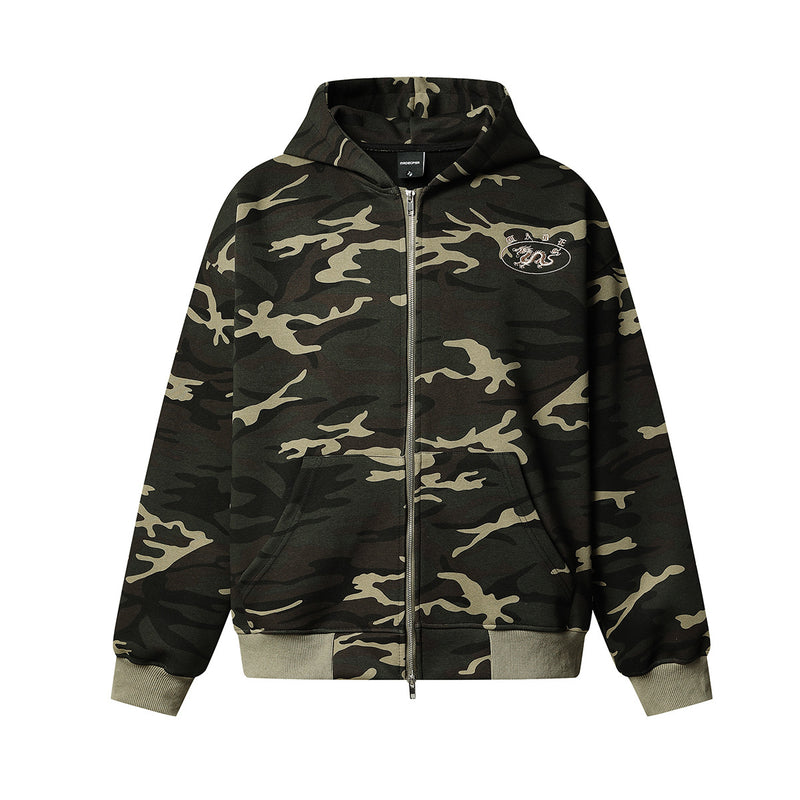Zip-Hoodie mit Drachenemblem – Oversized Streetwear in Camo & Schwarz