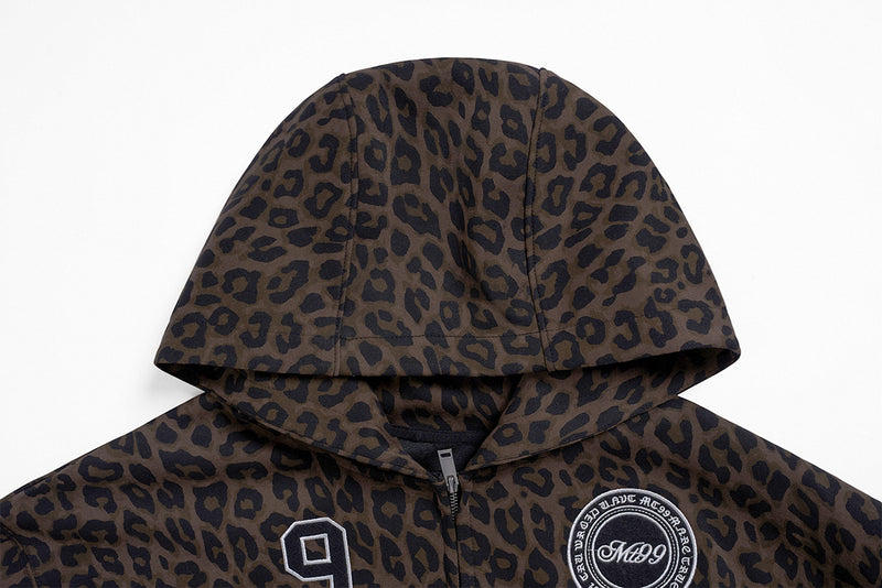 Leopard Print Zip-Up Hoodie with Embroidered MakeTrue Graphic & Number 9 Patches