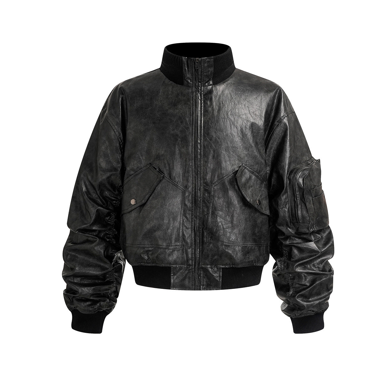 Black distressed faux leather bomber jacket with ruched sleeves and cargo chest pockets, front and back view
