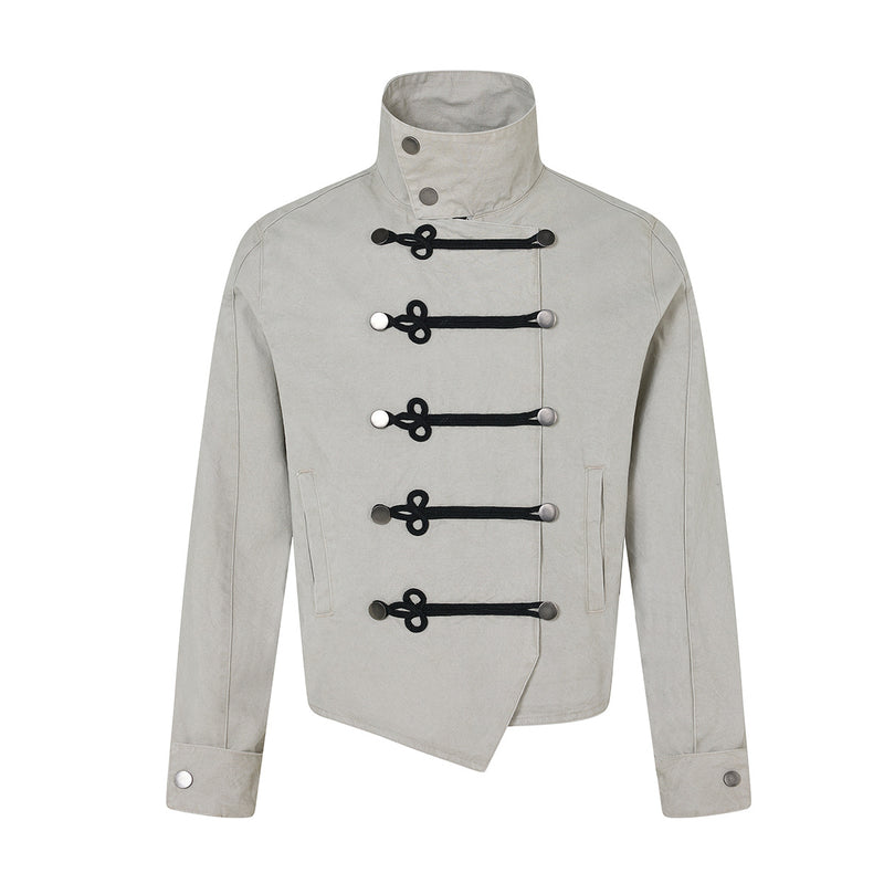 Military-Style Frog Button Asymmetric Hem Jacket