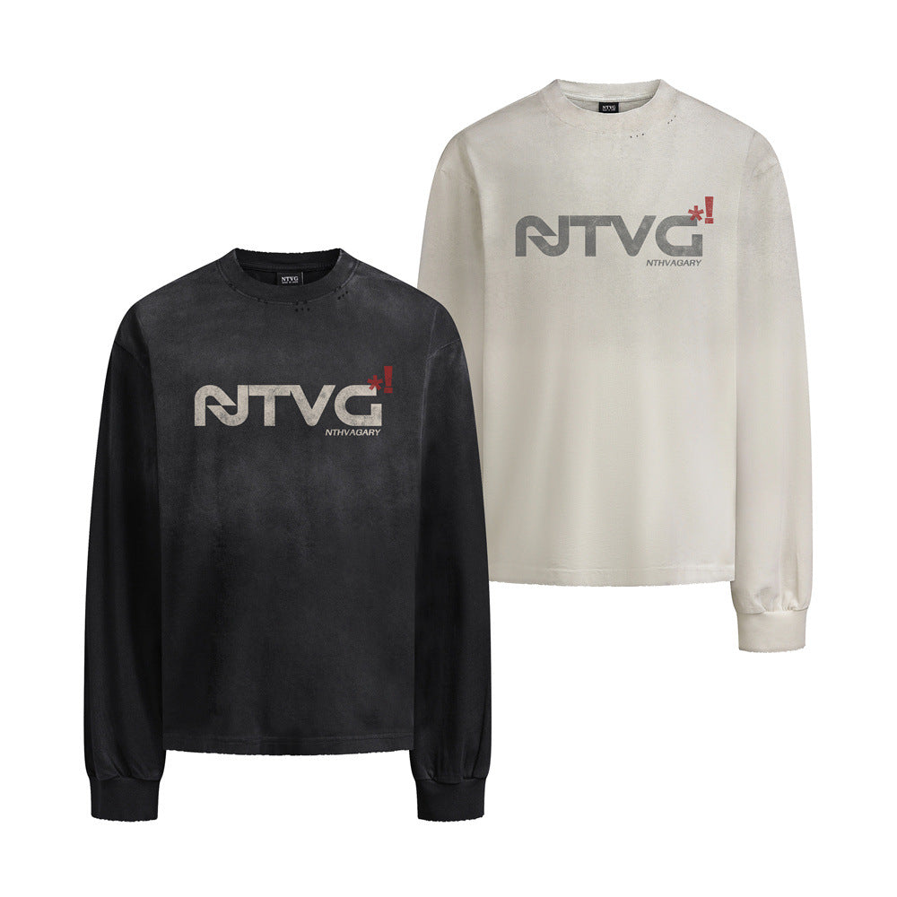 NTVG Acid Wash Long Sleeve Graphic T-Shirt – Distressed Logo Crew Neck
