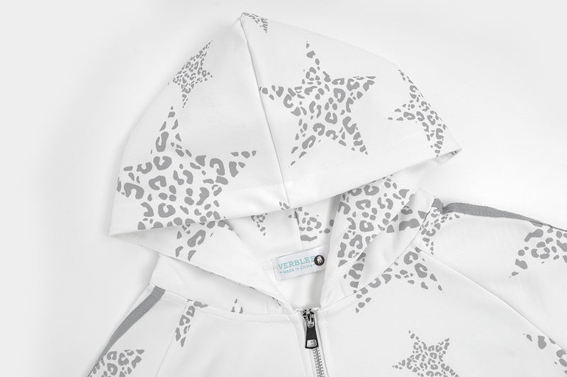 Sweat à capuche zippé blanc à imprimé étoiles léopard et bandes latérales