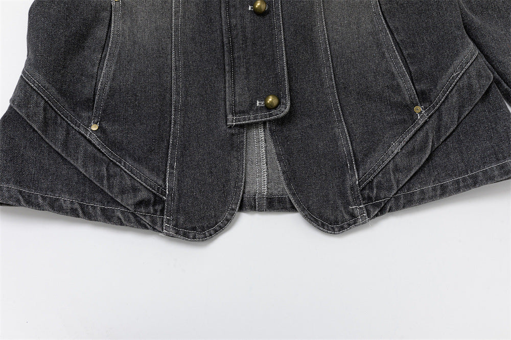 Men's Washed Denim Jacket with Metal Coin Chain Trim & Brass Buttons — Punk