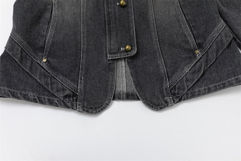 Men's Washed Denim Jacket with Metal Coin Chain Trim & Brass Buttons — Punk