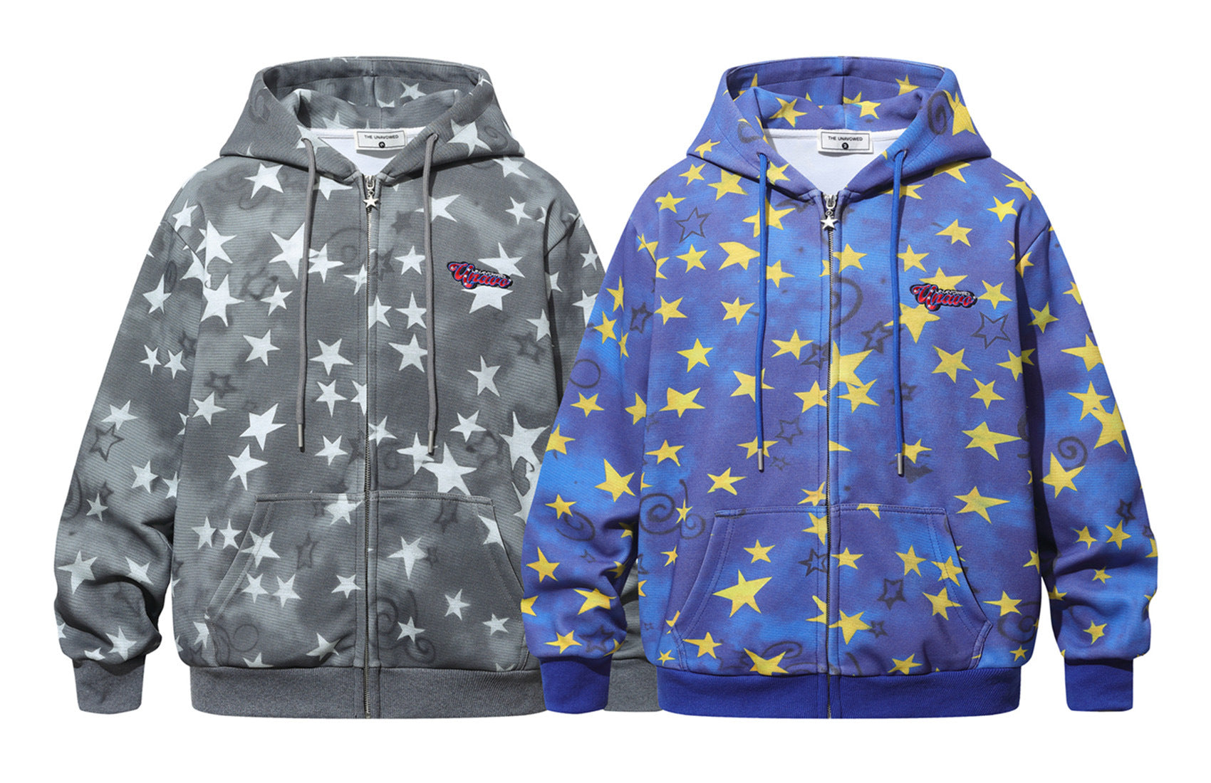 Oversized zip-up hoodie with allover scattered star print and embroidered script logo, shown in blue-yellow and grey-white co