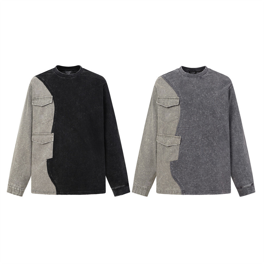 Sweat-shirt colorblock à manches longues délavé à l’acide avec poches cargo