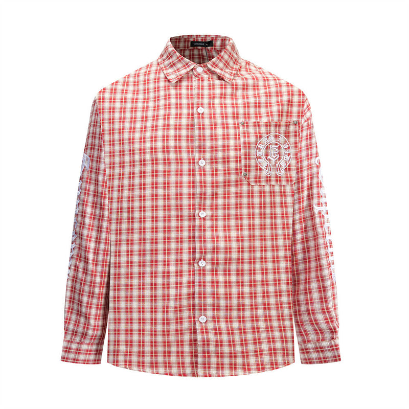 Men's oversized plaid long-sleeve shirt with Gothic embroidered logo on chest pocket and sleeve lettering, shown in red color