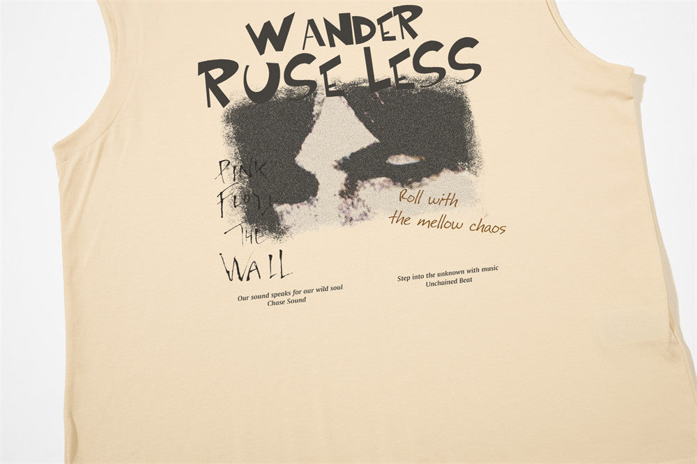 Graphic Print Sleeveless Tank Top – Oversized Fit, Round Neck, Wander Ruseless