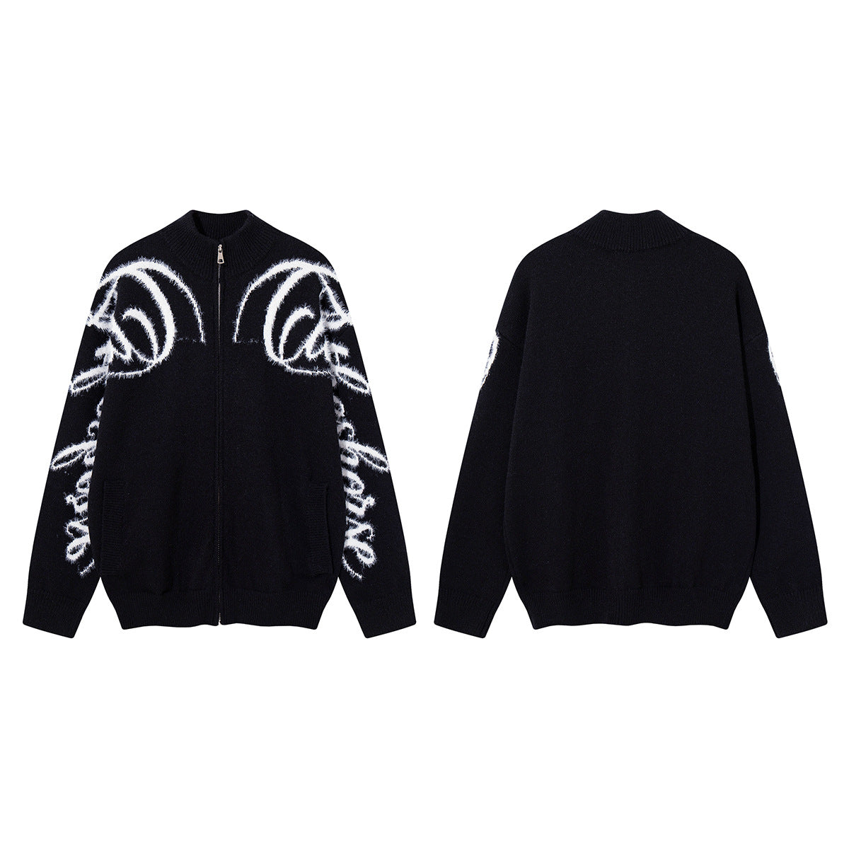 Graffiti Script Zip-Up Knit Cardigan Sweater – Oversized American Street Style