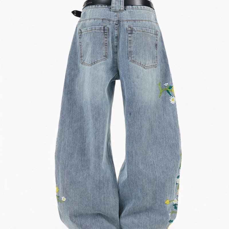 Floral Embroidered Wide-Leg Jeans – Men's Barrel Fit Washed Denim