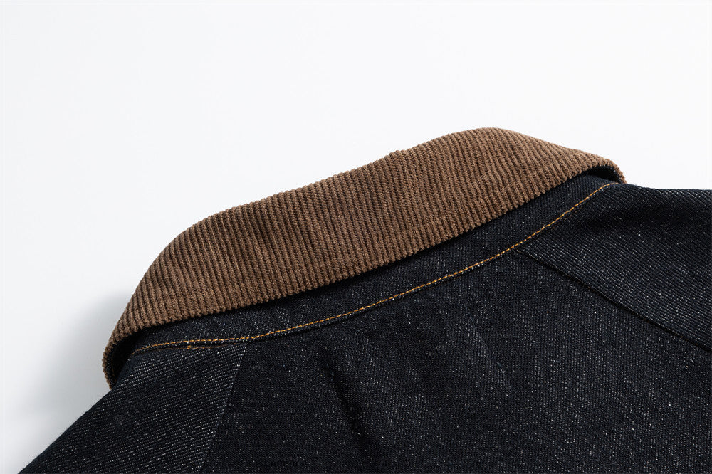 Men's Raw Denim Jacket with Corduroy Collar — Deconstructed Seam Design