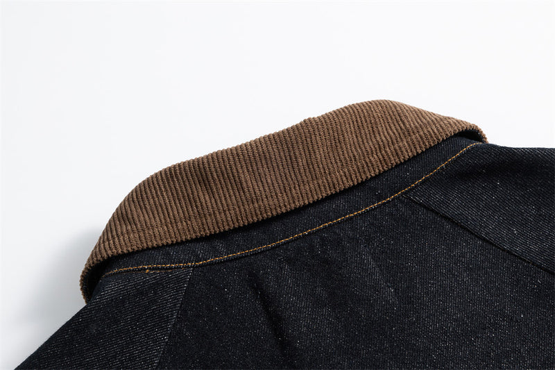 Men's Raw Denim Jacket with Corduroy Collar — Deconstructed Seam Design