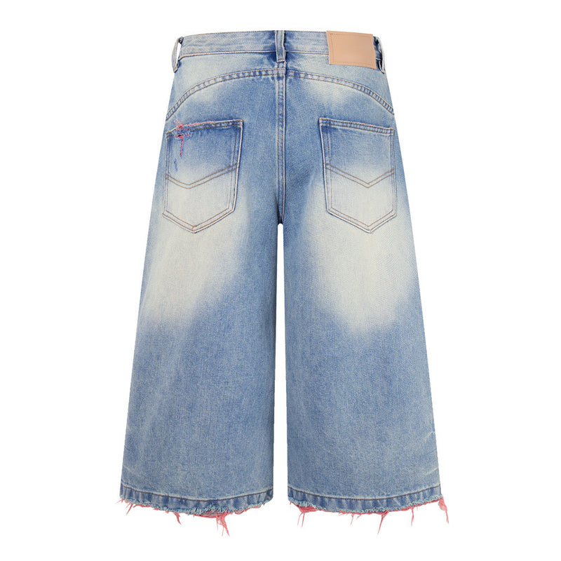 Ripped Wide-Leg Denim Shorts – Pink Thread Distressed, Washed Blue
