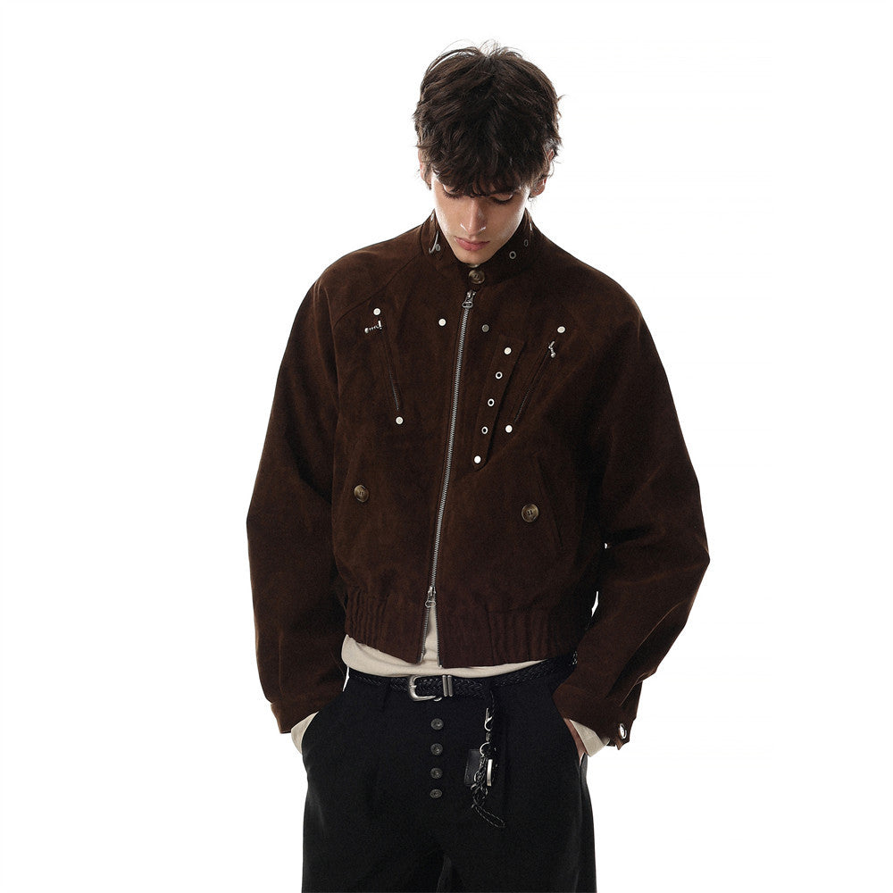 Mens Bomber Jacket – Cropped Stand Collar Zip-Up with Metal Hardware