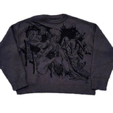 The Premium Geto Suguru-Inspired Knit Sweater by Jujutsu Kaisen is dark gray with a black graphic of a human-like figure in an abstract pose, featuring a round neckline and long sleeves.