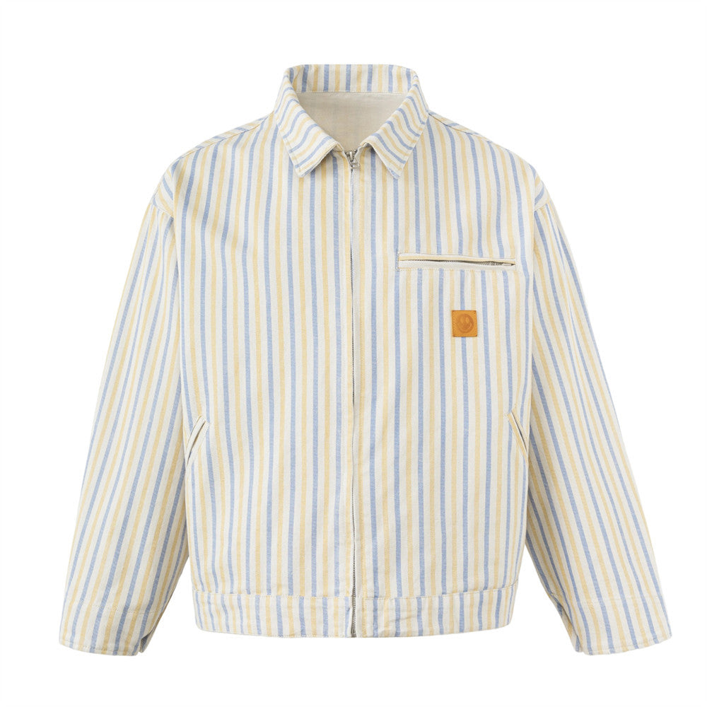 Men's relaxed-fit striped zip-up workwear jacket in cream, yellow, and sky-blue vertical stripes with shirt collar and chest