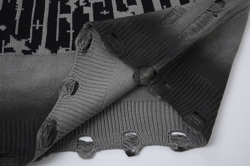 Pull col rond en maille – Graffiti usé, dégradé délavé à l’acide