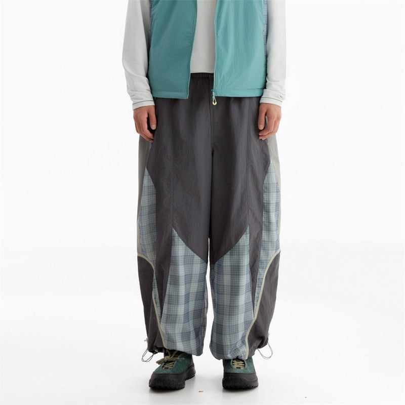 Men's Plaid Patchwork Baggy Pants – Windproof Water-Resistant Drawstring Ankle
