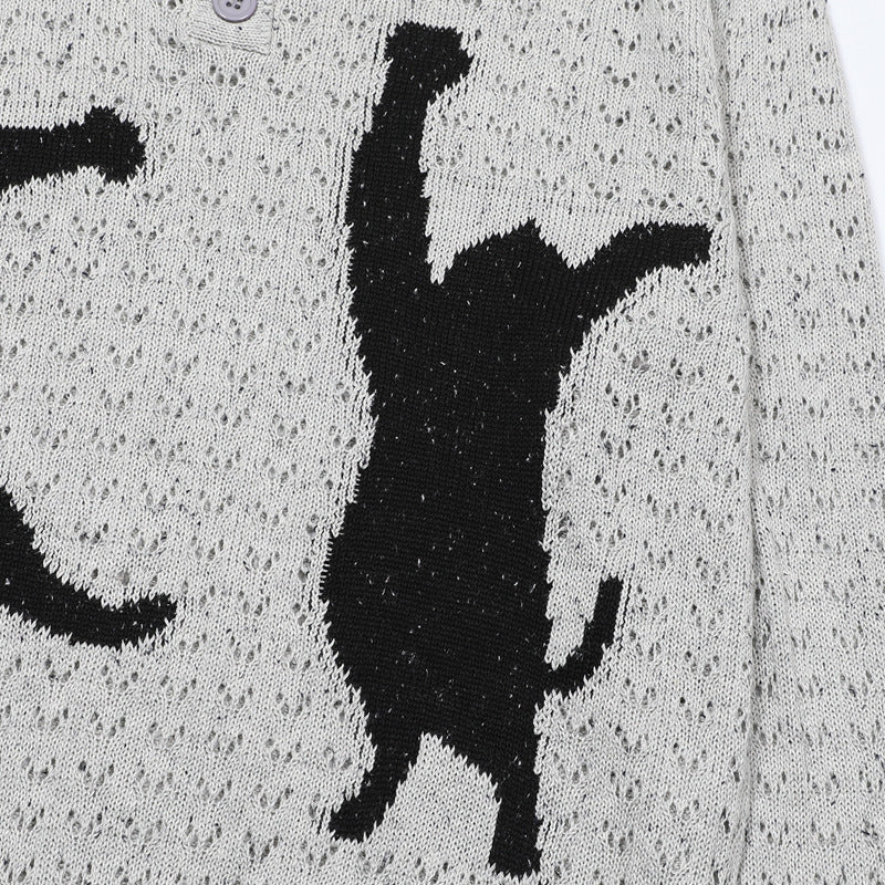 Cat Jacquard Polo Collar Openwork Knit Sweater – Unisex Korean Style