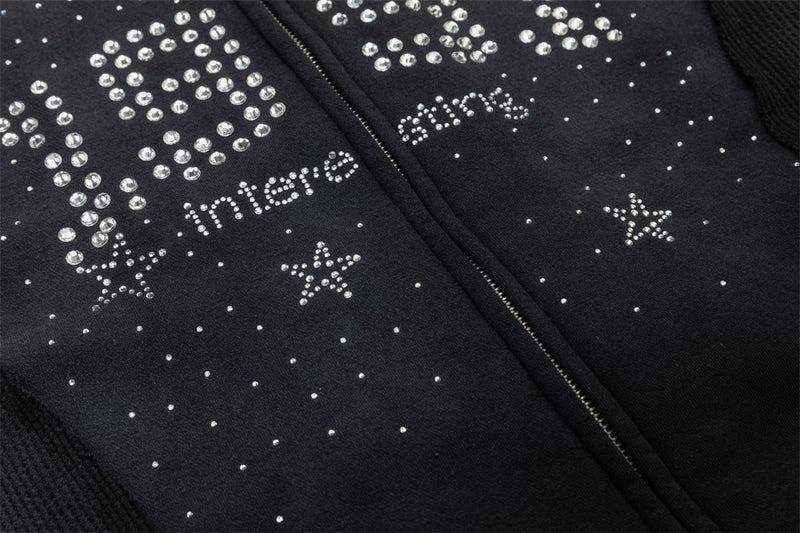 Black Bomber Jacket with Rhinestone Number Print & Mixed-Texture Panels