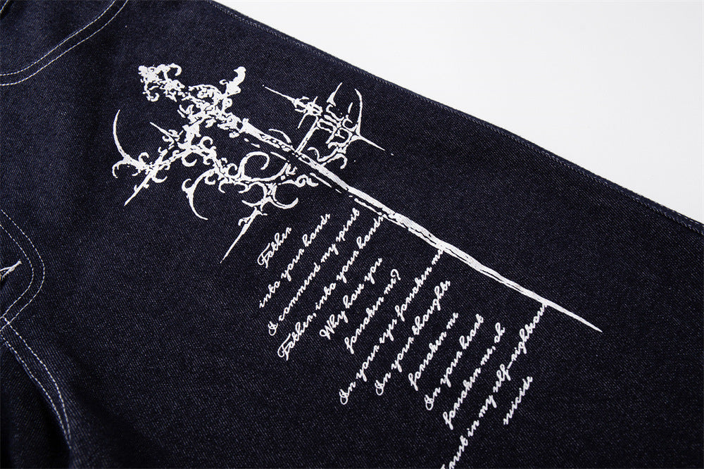 Wide-Leg Jeans with Gothic Cross & Script Embroidery, Button Fly, Dark Indigo
