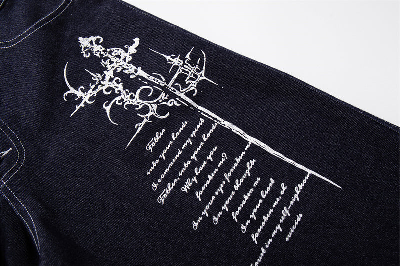 Wide-Leg Jeans with Gothic Cross & Script Embroidery, Button Fly, Dark Indigo