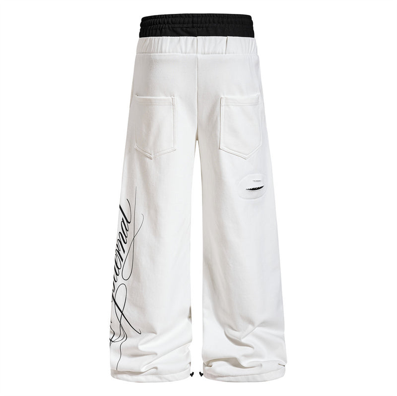 Contrast Double Waistband Wide Leg Sweatpants with Distressed Holes & Graphic Pr
