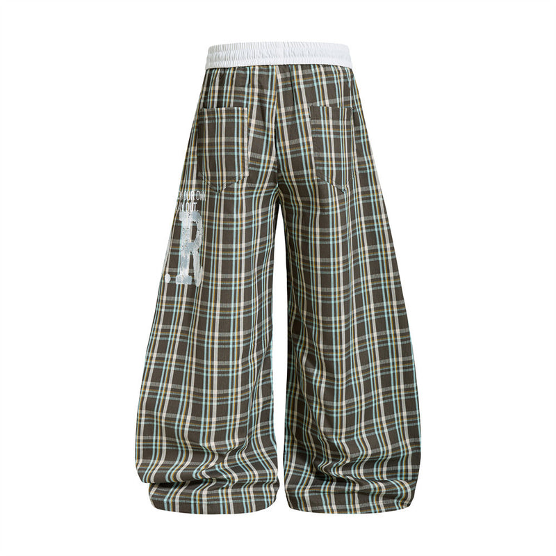Plaid Wide-Leg Parachute Pants – Oversized Draped Fit with Drawstring Hem