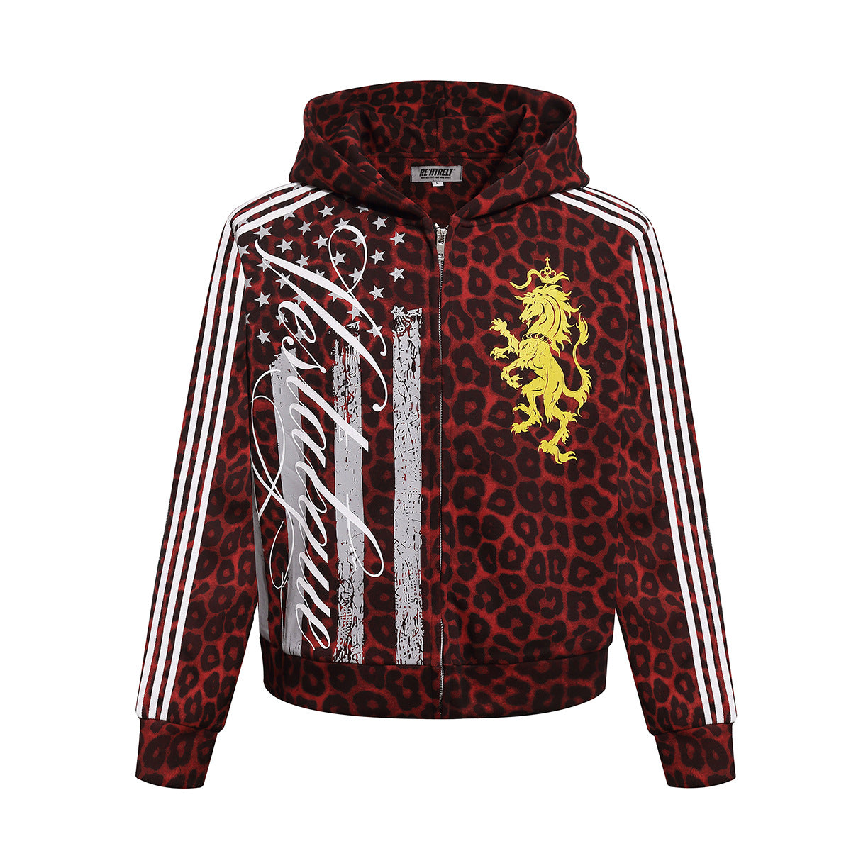 Sweat à capuche zippé léopard avec écusson lion et motif drapeau américain