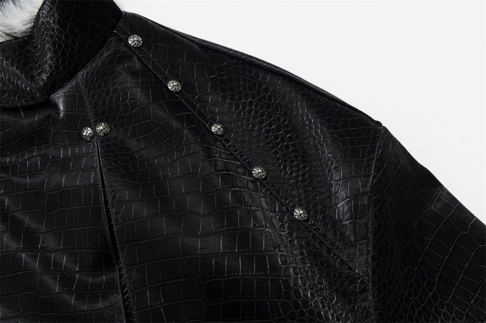 Chaqueta bomber de hombre con cuello de pelo – Cuero PU negro grabado efecto cocodrilo