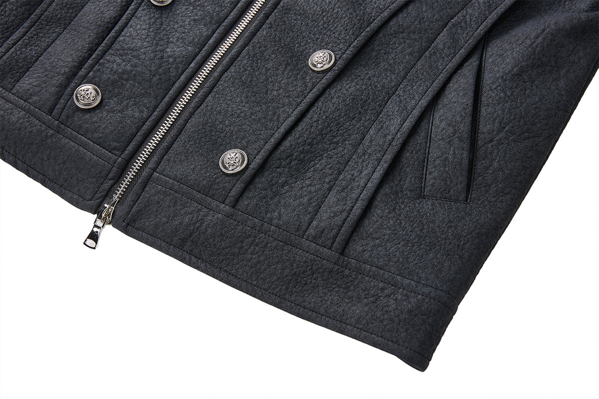 Military-Style Faux Leather Jacket with Double-Breasted Buttons & Zip Front