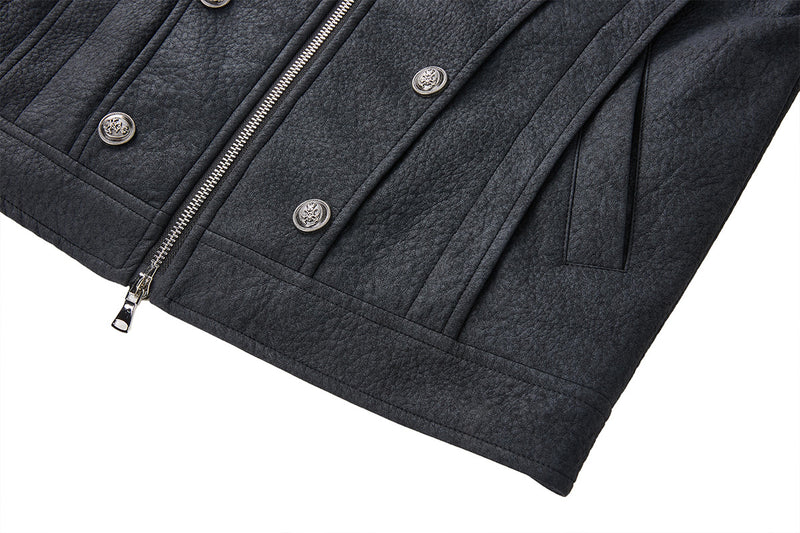 Military-Style Faux Leather Jacket with Double-Breasted Buttons & Zip Front
