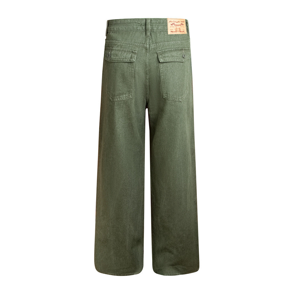 Wide-Leg Relaxed Straight Jeans – Olivgrün mit kariert gefütterten Taschen