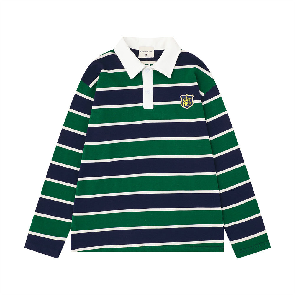 Front of striped long sleeve rugby polo shirt in green, navy, and white with white collar