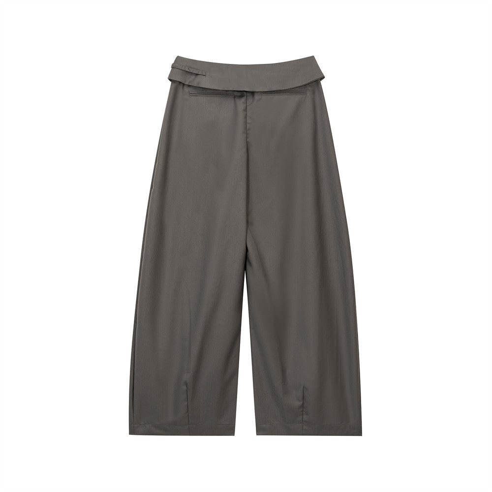 Wide-Leg Pleated Trousers with Fold-Over Waist & Drawstring